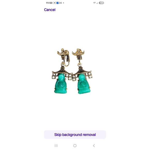 Rare Vintage Ambasador MCM Jadeite Buddha Pagoda Dangle Clip Seed Pearl Earrings - Picture 2 of 6